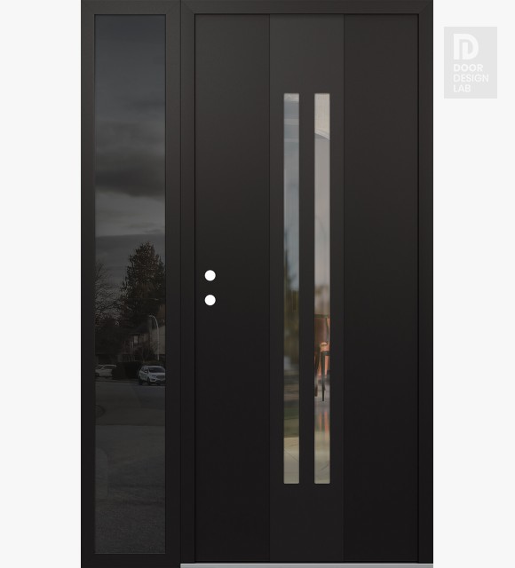 Modern Steel Front Door DIAMOND A8 52" X 80" BLACK/BLACK CLEAR GLASS PANEL BLACK RHI WITH SIDELITE MIRRORED GLASS