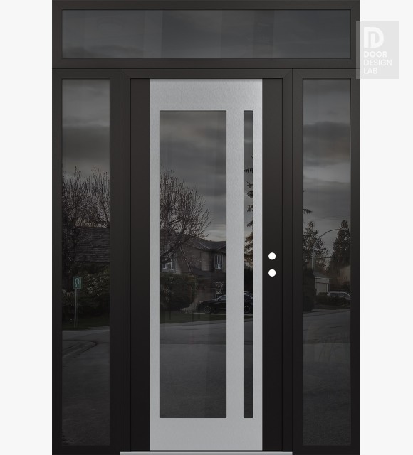 Modern Steel Front Door Diamond C15 64" x 96" black/black mirrored Glass Panel stainless steel LHI with 2 Sidelites and Transom mirrored Glass