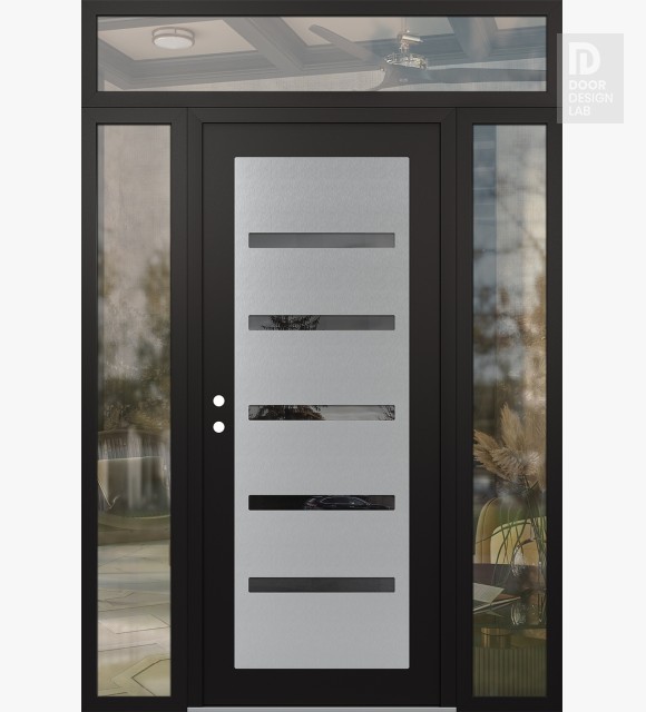 Modern Steel Front Door Diamond C7 68" x 96" black/black mirrored Glass Panel stainless steel RHI with 2 Sidelites and Transom clear Glass