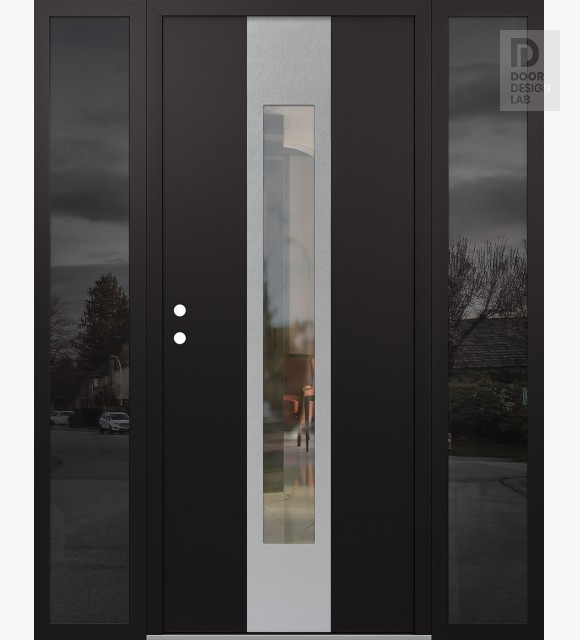 Modern Steel Front Door DIAMOND A1 60" X 80" BLACK/BLACK CLEAR GLASS PANEL STAINLESS STEEL RHI WITH 2 SIDELITES MIRRORED GLASS