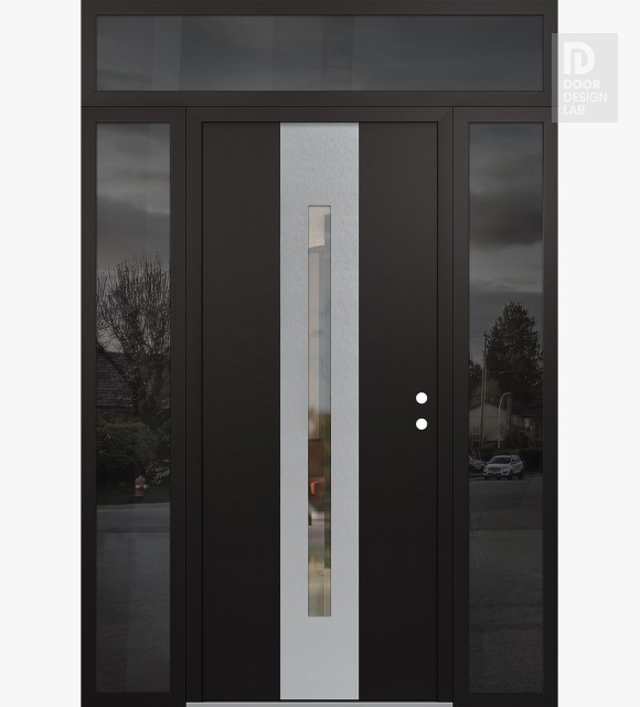 Modern Steel Front Door DIAMOND A2 60" X 96" BLACK/BLACK CLEAR GLASS PANEL STAINLESS STEEL LHI WITH 2 SIDELITES AND TRANSOM MIRRORED GLASS