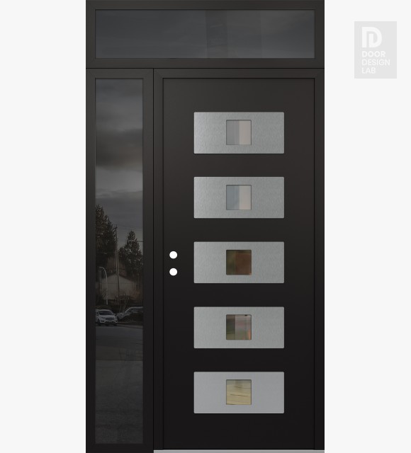 Modern Steel Front Door Diamond D8 52" x 96" black/black clear Glass Panel stainless steel RHI with Sidelite and Transom mirrored Glass