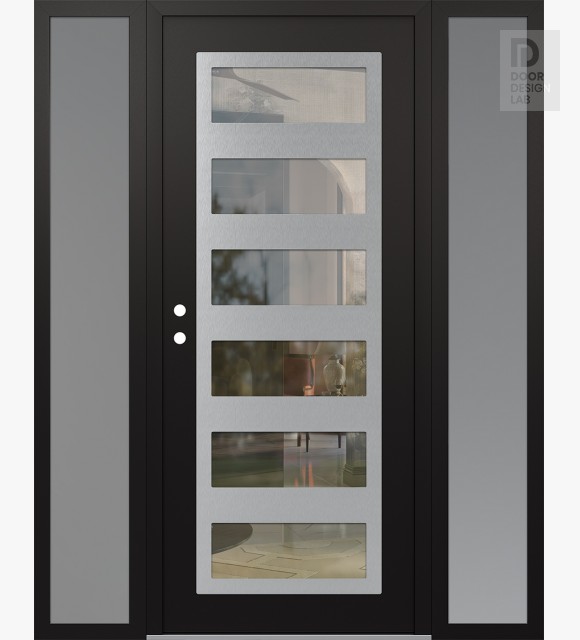 Modern Steel Front Door Diamond C9 68" x 80" black/black clear Glass Panel stainless steel RHI with 2 Sidelites frosted Glass