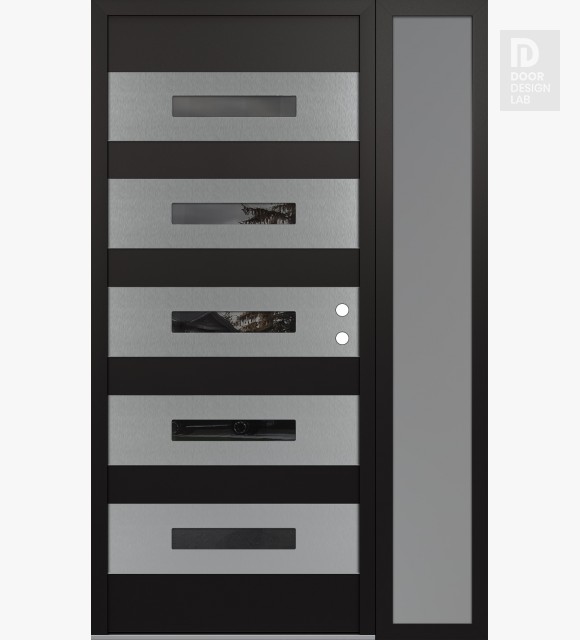 Modern Steel Front Door Diamond D9 50" x 80" black/black mirrored Glass Panel stainless steel LHI with Sidelite frosted Glass