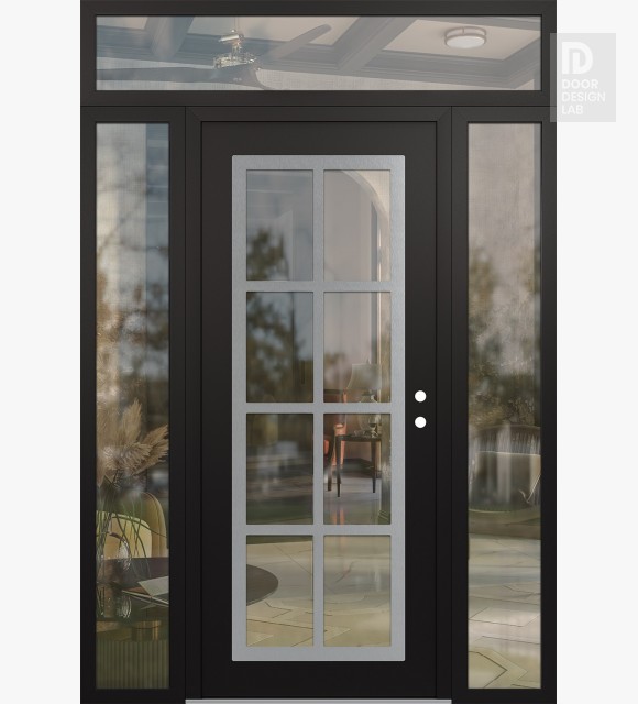 Modern Steel Front Door Diamond C16 64" x 96" black/black clear Glass Panel stainless steel LHI with 2 Sidelites and Transom clear Glass