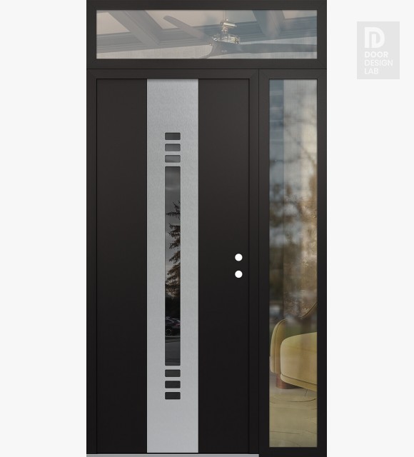 Modern Steel Front Door DIAMOND A5 52" X 96" BLACK/BLACK MIRRORED GLASS PANEL STAINLESS STEEL LHI WITH SIDELITE AND TRANSOM CLEAR GLASS