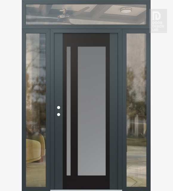 Modern Steel Front Door Diamond C15 64" x 96" anthracite/anthracite frosted Glass Panel black RHI with 2 Sidelites and Transom clear Glass