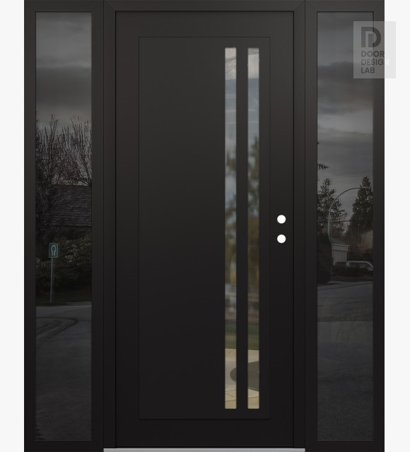 Modern Steel Front Door Diamond C6 60" x 80" black/black clear Glass Panel black LHI with 2 Sidelites mirrored Glass