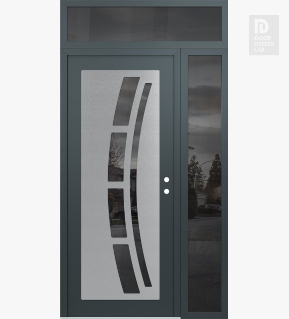 Modern Steel Front Door Diamond C12 52" x 96" anthracite/anthracite mirrored Glass Panel stainless steel LHI with Sidelite and Transom mirrored Glass