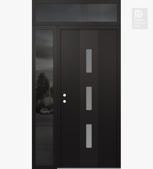 Modern Steel Front Door DIAMOND A7 48" X 96" BLACK/WHITE FROSTED GLASS PANEL BLACK RHI WITH SIDELITE AND TRANSOM MIRRORED GLASS