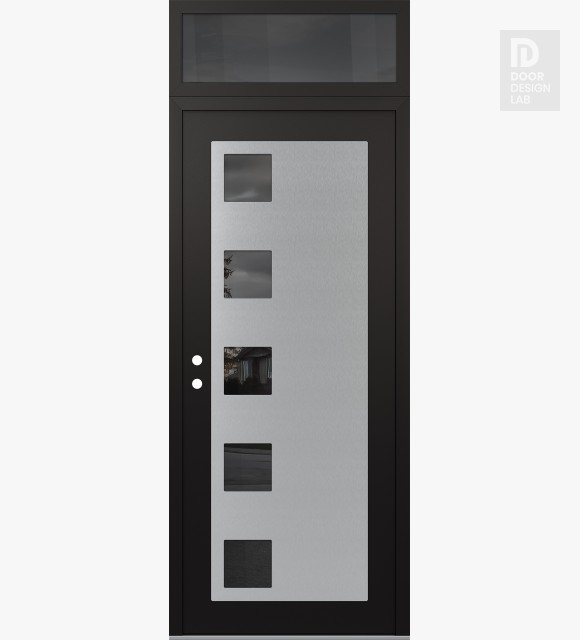 Modern Steel Front Door Diamond C5 36" x 96" black/black mirrored Glass Panel stainless steel RHI with Transom mirrored Glass