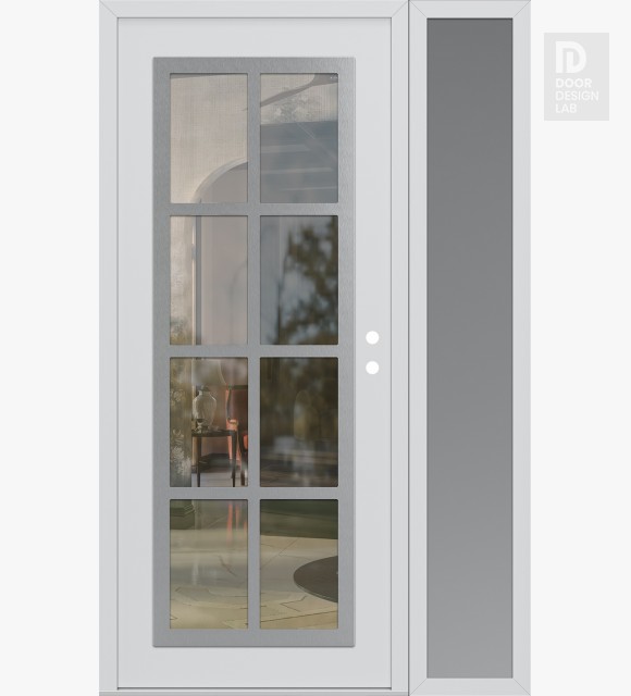 Modern Steel Front Door Diamond C16 50" x 80" white/white clear Glass Panel stainless steel LHI with Sidelite frosted Glass