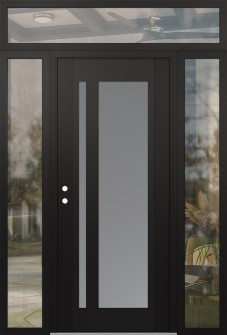 Diamond C15 68" x 96" black/white frosted Glass Panel black RHI with 2 Sidelites and Transom clear Glass