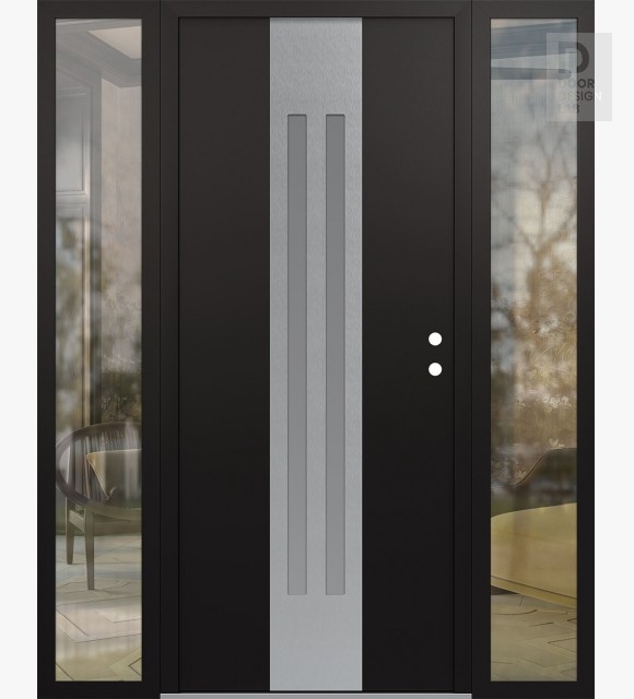 Modern Steel Front Door DIAMOND A8 64" X 80" BLACK/WHITE FROSTED GLASS PANEL STAINLESS STEEL LHI WITH 2 SIDELITES CLEAR GLASS