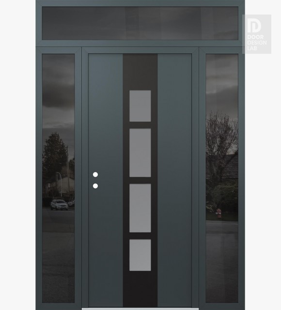 Modern Steel Front Door DIAMOND A10 60" X 96" ANTHRACITE/ANTHRACITE FROSTED GLASS PANEL BLACK RHI WITH 2 SIDELITES AND TRANSOM MIRRORED GLASS