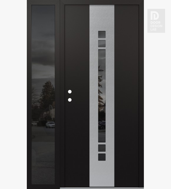 Modern Steel Front Door DIAMOND A4 48" X 80" BLACK/BLACK MIRRORED GLASS PANEL STAINLESS STEEL RHI WITH SIDELITE MIRRORED GLASS