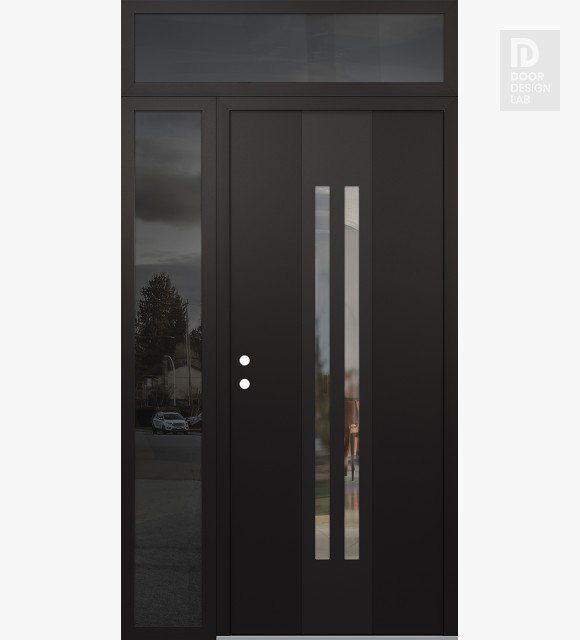 Modern Steel Front Door DIAMOND A8 52" X 96" BLACK/BLACK CLEAR GLASS PANEL BLACK RHI WITH SIDELITE AND TRANSOM MIRRORED GLASS