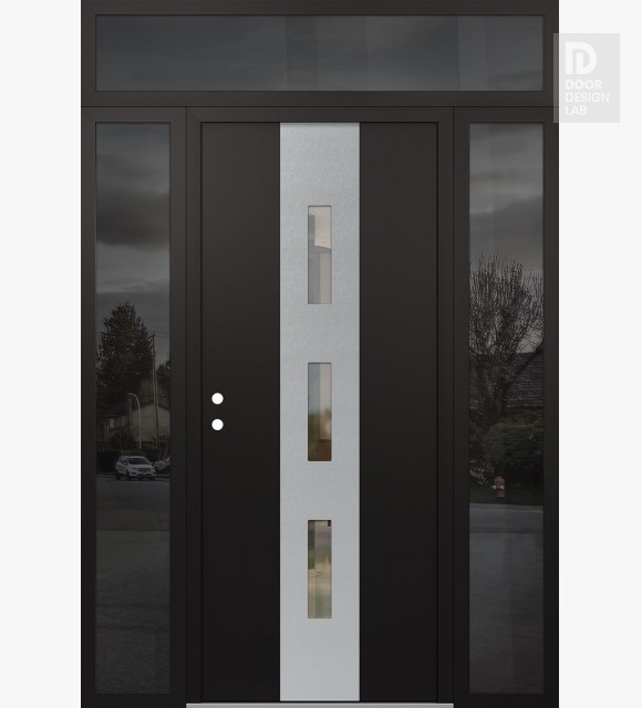 Modern Steel Front Door DIAMOND A7 60" X 96" BLACK/BLACK CLEAR GLASS PANEL STAINLESS STEEL RHI WITH 2 SIDELITES AND TRANSOM MIRRORED GLASS