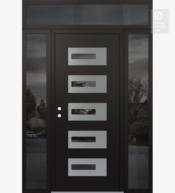Modern Steel Front Door Diamond D6 68" x 96" black/black mirrored Glass Panel stainless steel RHI with 2 Sidelites and Transom mirrored Glass