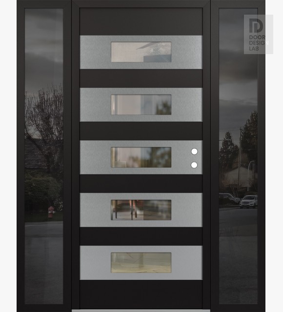 Modern Steel Front Door Diamond D5 64" x 80" black/black clear Glass Panel stainless steel LHI with 2 Sidelites mirrored Glass