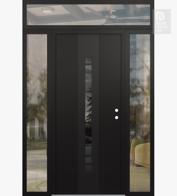 Modern Steel Front Door DIAMOND A3 64" X 96" BLACK/BLACK MIRRORED GLASS PANEL BLACK LHI WITH 2 SIDELITES AND TRANSOM CLEAR GLASS