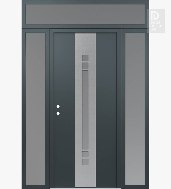 Modern Steel Front Door DIAMOND A4 60" X 96" ANTHRACITE/ANTHRACITE FROSTED GLASS PANEL STAINLESS STEEL RHI WITH 2 SIDELITES AND TRANSOM FROSTED GLASS
