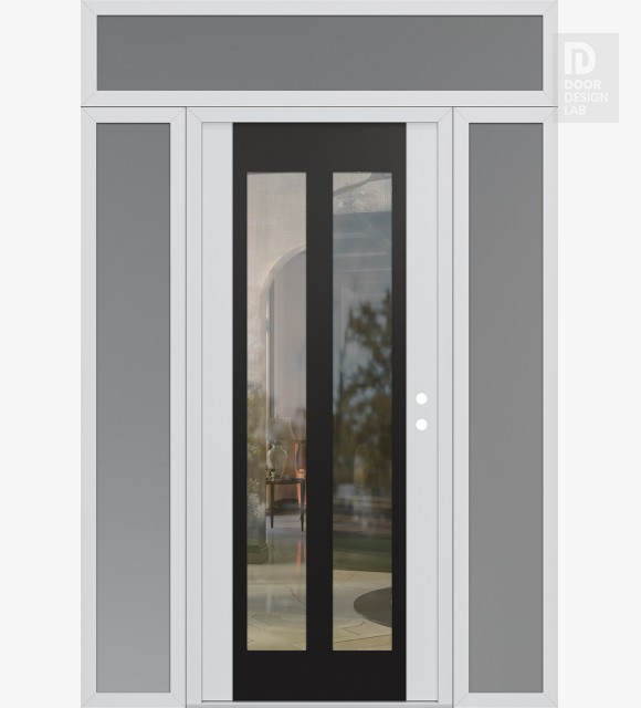 Modern Steel Front Door Diamond C14 68" x 96" white/white clear Glass Panel black LHI with 2 Sidelites and Transom frosted Glass