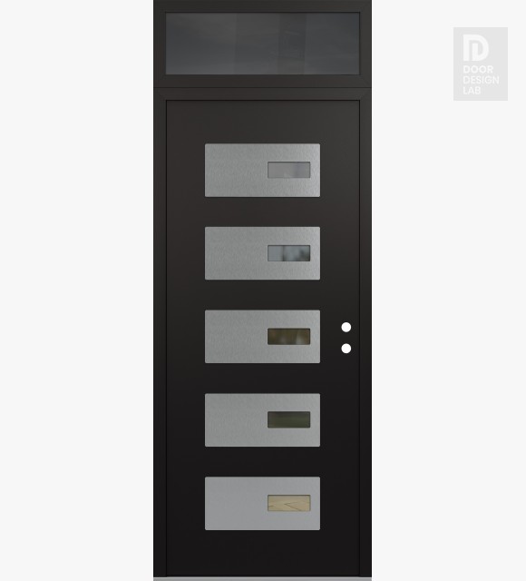 Modern Steel Front Door Diamond D7 36" x 96" black/black clear Glass Panel stainless steel LHI with Transom mirrored Glass