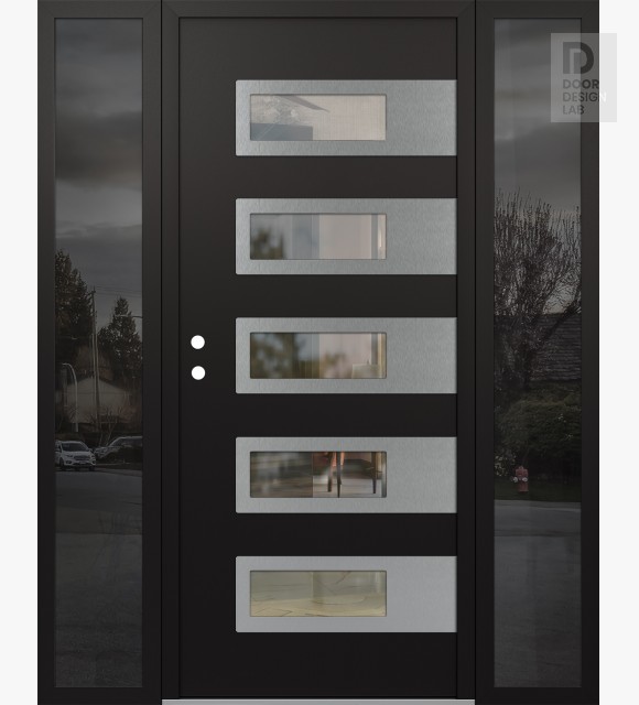 Modern Steel Front Door Diamond D3 64" x 80" black/black clear Glass Panel stainless steel RHI with 2 Sidelites mirrored Glass