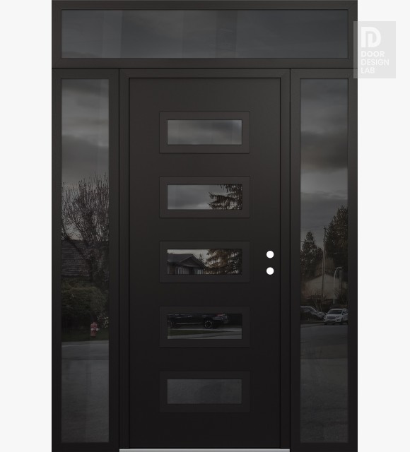 Modern Steel Front Door Diamond D1 68" x 96" black/black mirrored Glass Panel black LHI with 2 Sidelites and Transom mirrored Glass