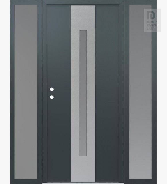 Modern Steel Front Door DIAMOND A2 64" X 80" ANTHRACITE/ANTHRACITE FROSTED GLASS PANEL STAINLESS STEEL RHI WITH 2 SIDELITES FROSTED GLASS
