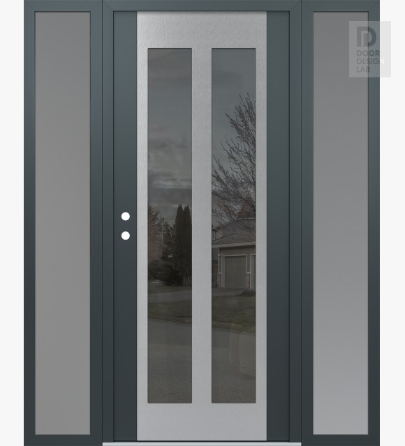 Modern Steel Front Door Diamond C14 64" x 80" anthracite/anthracite mirrored Glass Panel stainless steel RHI with 2 Sidelites frosted Glass