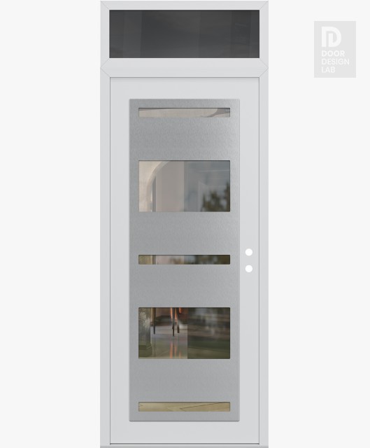 Modern Steel Front Door Diamond C10 36" x 96" white/white clear Glass Panel stainless steel LHI with Transom mirrored Glass