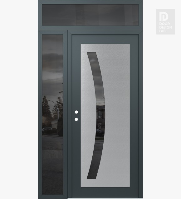Modern Steel Front Door Diamond C4 52" x 96" anthracite/anthracite mirrored Glass Panel stainless steel RHI with Sidelite and Transom mirrored Glass