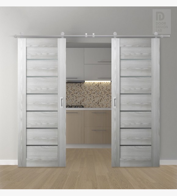 DOUBLE BARN DOOR AVON 07-02 VETRO RIBEIRA ASH 60" X 96" X 1 3/4" STAINLESS STEEL HARDWARE
