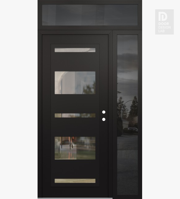 Modern Steel Front Door Diamond C10 50" x 96" black/black clear Glass Panel black LHI with Sidelite and Transom mirrored Glass