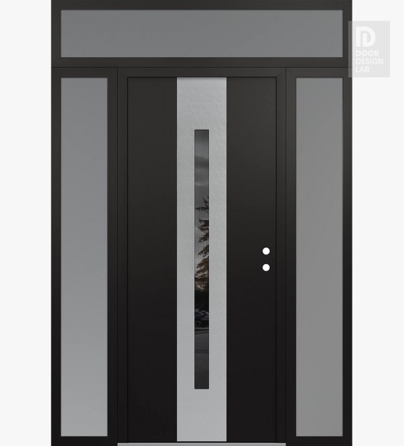 Modern Steel Front Door DIAMOND A2 68" X 96" BLACK/BLACK MIRRORED GLASS PANEL STAINLESS STEEL LHI WITH 2 SIDELITES AND TRANSOM FROSTED GLASS