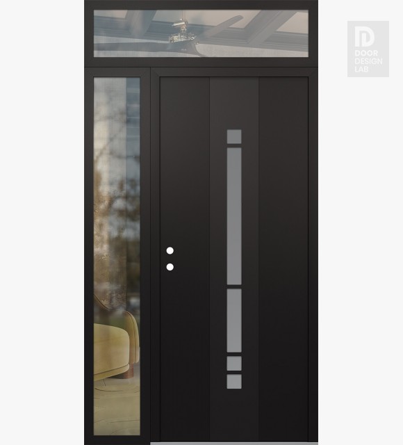 Modern Steel Front Door DIAMOND A3 48" X 96" BLACK/WHITE FROSTED GLASS PANEL BLACK RHI WITH SIDELITE AND TRANSOM CLEAR GLASS