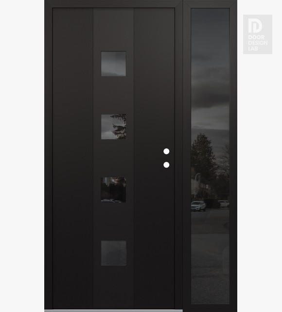 Modern Steel Front Door DIAMOND A12 52" X 80" BLACK/BLACK MIRRORED GLASS PANEL BLACK LHI WITH SIDELITE MIRRORED GLASS