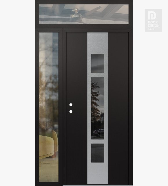 Modern Steel Front Door DIAMOND A9 52" X 96" BLACK/BLACK MIRRORED GLASS PANEL STAINLESS STEEL RHI WITH SIDELITE AND TRANSOM CLEAR GLASS