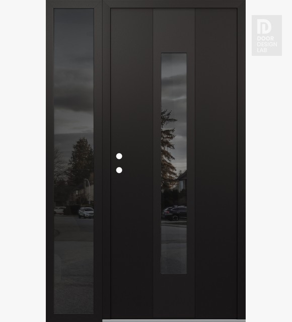 Modern Steel Front Door DIAMOND A1 50" X 80" BLACK/BLACK MIRRORED GLASS PANEL BLACK RHI WITH SIDELITE MIRRORED GLASS