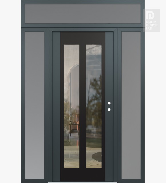 Modern Steel Front Door Diamond C14 60" x 96" anthracite/anthracite clear Glass Panel black LHI with 2 Sidelites and Transom frosted Glass