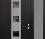 Modern Steel Front Door DIAMOND A12 50" X 96" BLACK/BLACK MIRRORED GLASS PANEL STAINLESS STEEL LHI WITH SIDELITE AND TRANSOM FROSTED GLASS