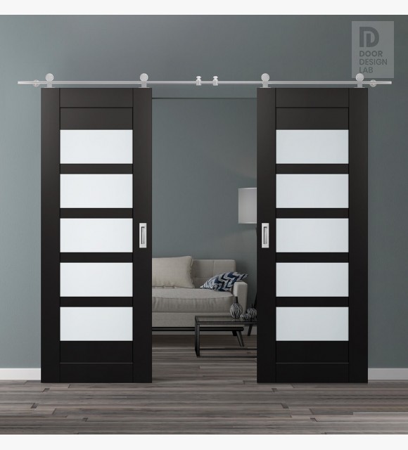 DOUBLE BARN DOOR AVON 07-07 VETRO BLACK MATTE 64" X 84" X 1 3/4" STAINLESS STEEL HARDWARE