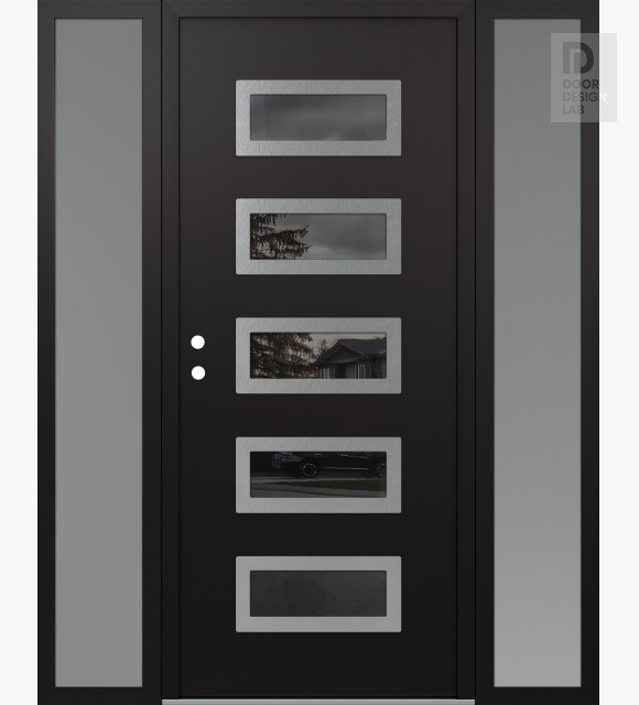 Modern Steel Front Door Diamond D1 68" x 80" black/black mirrored Glass Panel stainless steel RHI with 2 Sidelites frosted Glass