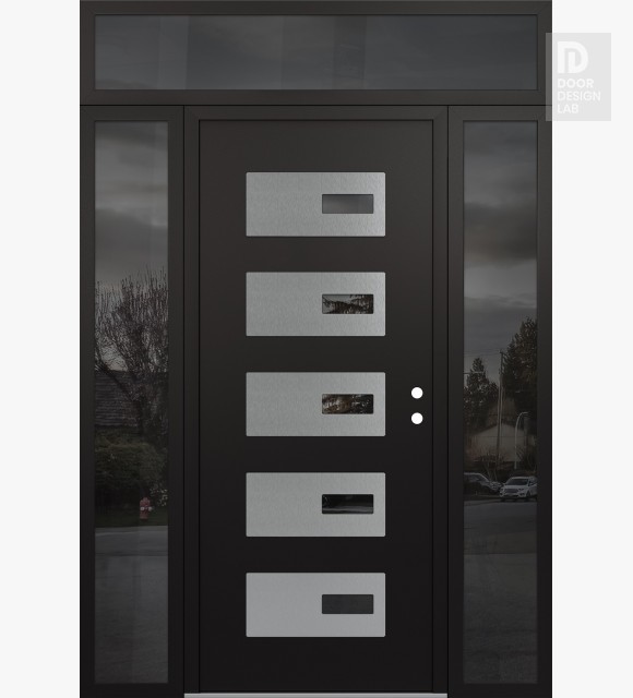 Modern Steel Front Door Diamond D7 64" x 96" black/black mirrored Glass Panel stainless steel LHI with 2 Sidelites and Transom mirrored Glass
