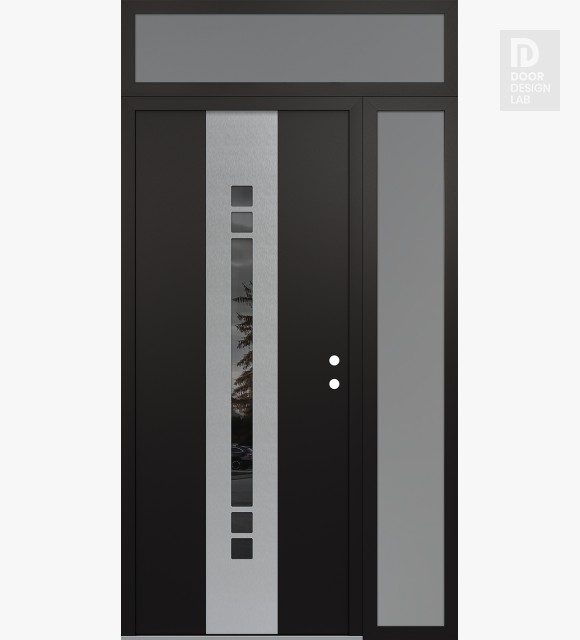 Modern Steel Front Door DIAMOND A4 48" X 96" BLACK/BLACK MIRRORED GLASS PANEL STAINLESS STEEL LHI WITH SIDELITE AND TRANSOM FROSTED GLASS