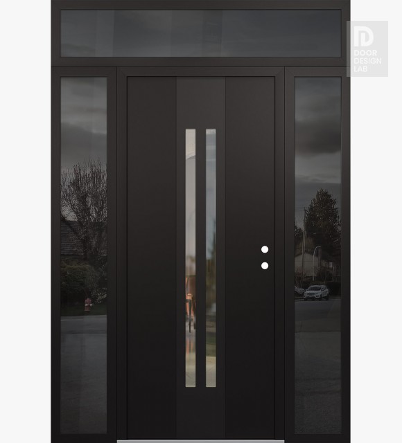 Modern Steel Front Door DIAMOND A8 60" X 96" BLACK/BLACK CLEAR GLASS PANEL BLACK LHI WITH 2 SIDELITES AND TRANSOM MIRRORED GLASS