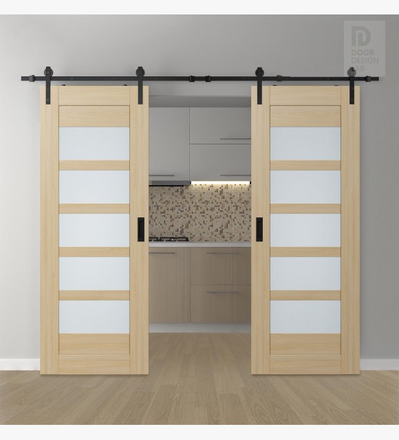 DOUBLE BARN DOOR AVON 07-07 VETRO LOIRE ASH 72" X 96" X 1 3/4" BLACK HARDWARE