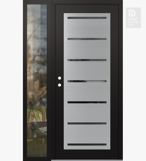 Modern Steel Front Door Diamond C11 52" x 80" black/black mirrored Glass Panel stainless steel RHI with Sidelite clear Glass